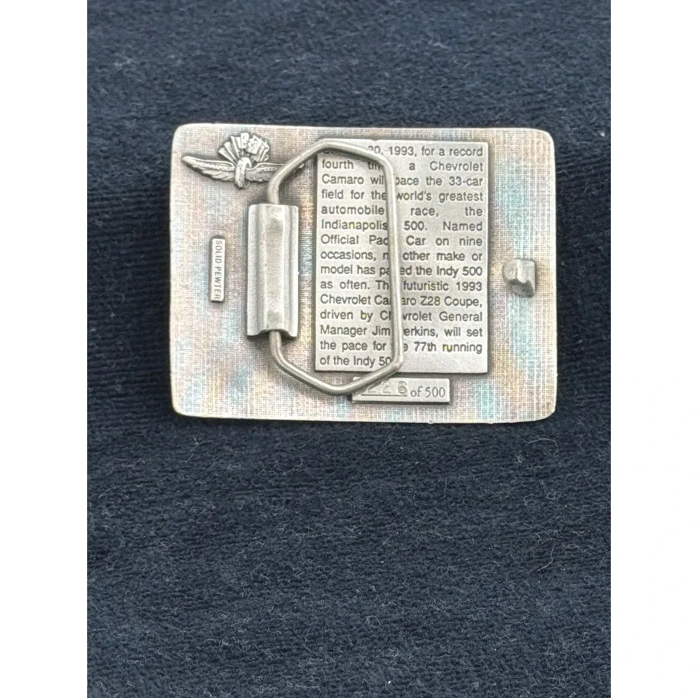 Vtg 1993 Indianapolis 500 Chevrolet Camaro Pace‎ Car Pewter Belt Buckle 226/500